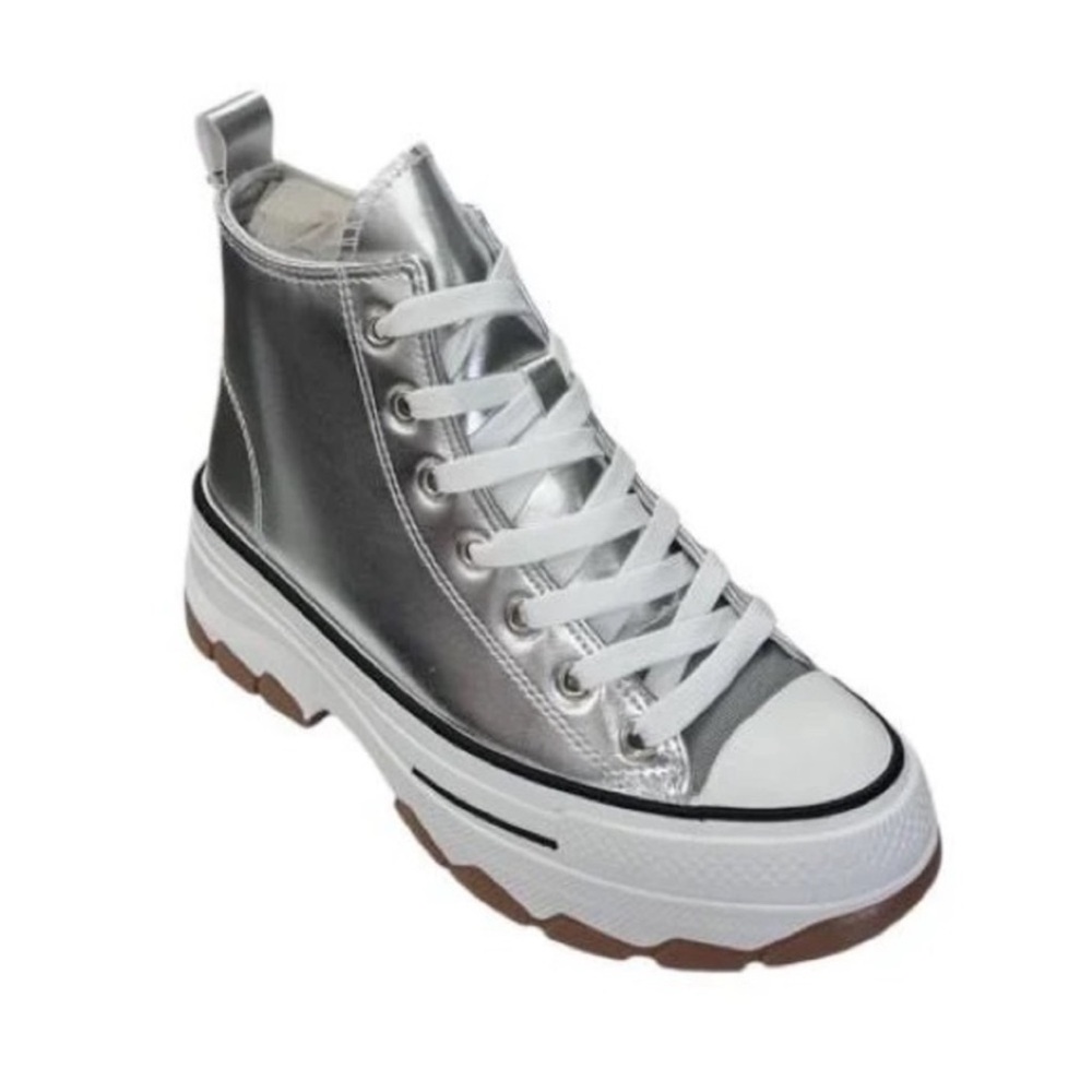 🔴🆕 Silver Metallic High-Top Women's Sneakers - Picture 2 of 6